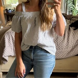 GAP Blue and White Striped Smocked off Shoulder Top Medium
